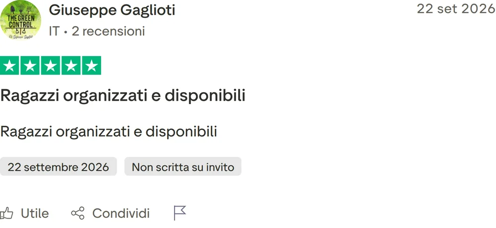 Recensione Trustpilot di Giuseppe Gaglioti, 5 stelle su 5, pubblicata il 22 settembre 2026. Ragazzi organizzati e disponibili. Ragazzi organizzati e disponibili