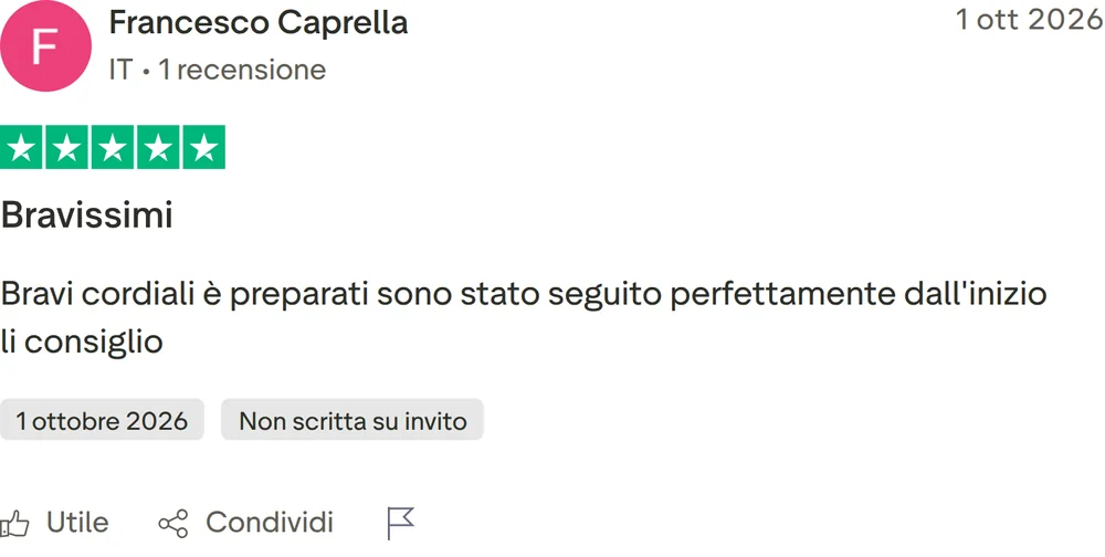 Recensione Trustpilot di Francesco Caprella, 5 stelle su 5, pubblicata il 1 ottobre 2026. Bravissimi. Bravi cordiali è preparati sono stato seguito perfettamente dall'inizio li consiglio